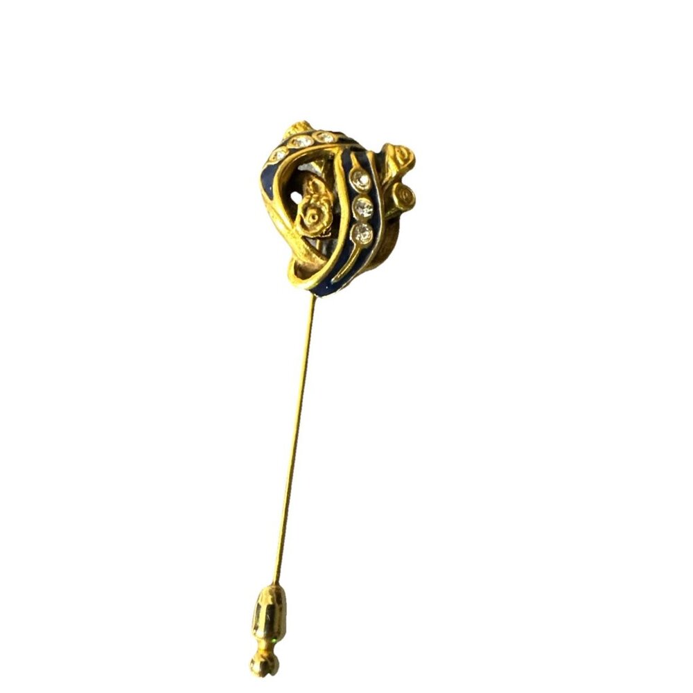 Vintage Stickpin MMA UPM 24k Gold Plate Black Enamel Rhinestone Ribbon Floral